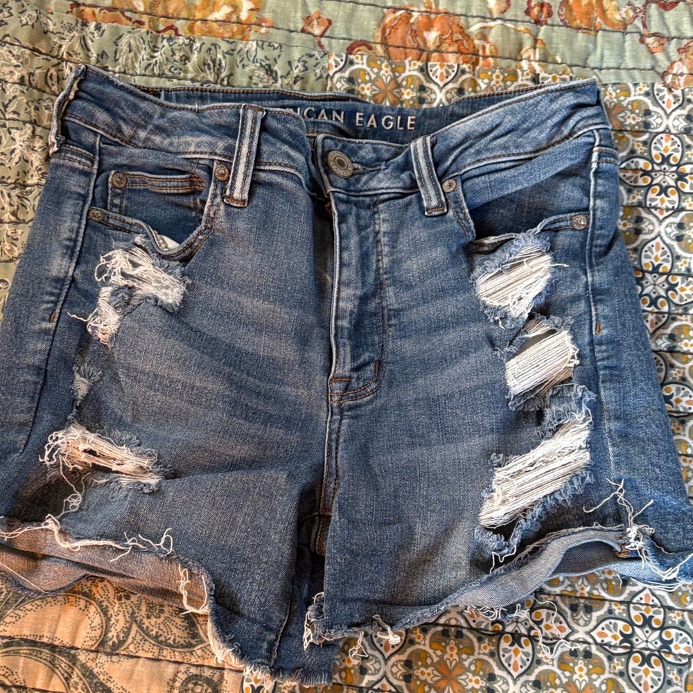 American Eagle Outfitters Distressed High-Rise Jean Shorts - Denim Blue